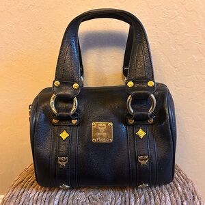 MCM Mini Boston Black Satchel with Gold Accents